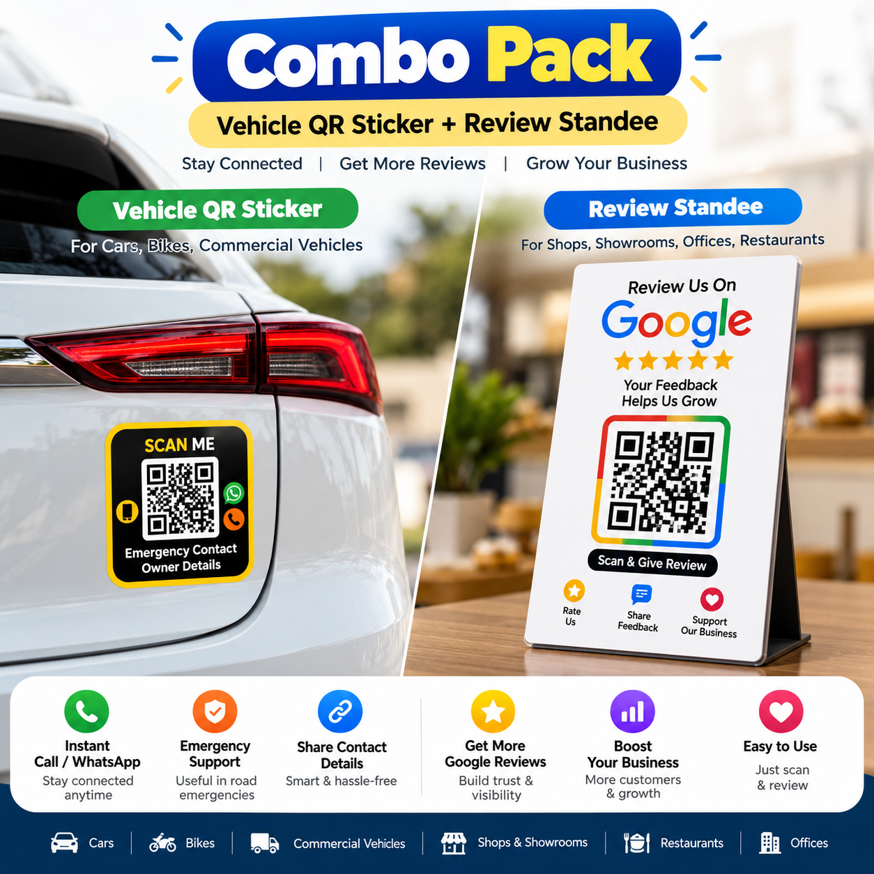 Combo Pack — Vehicle QR Sticker + Review Standee